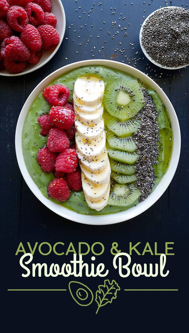 To make the smoothie, blend kale leaves, almond milk, banana, avocado, ice, and agave syrup. The toppings are raspberries, banana, kiwi, chia seeds, and a drizzle of agave. By the way, both stemmed and torn large kale leaves or baby kale will work well in this smoothie bowl. Get the recipe at the bottom of the post.