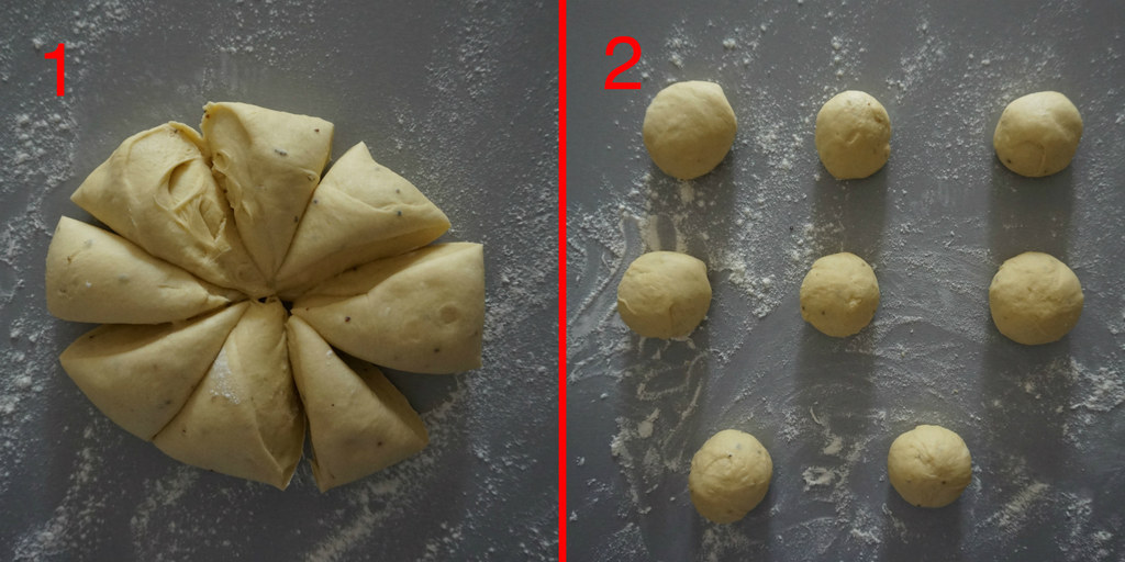 Divisez la pâte en 8 et formez autant de petites boules sur une surface farinée. Laissez reposer sous un torchon propre 1 heure.