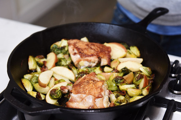 The best thing about skin-on chicken thighs is that you can render the skin a little on the stovetop, then use that fat to coat vegetables in the same skillet and roast the whole thing together in the oven. Master this basic recipe, then sub in your favorite vegetables.Recipe: Single-Skillet Chicken Thighs with Bacon, Brussels Sprouts, and Apples