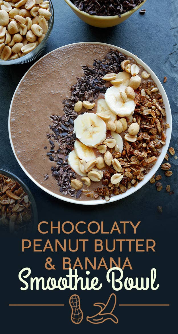 To make the smoothie, blend almond milk, banana, ice, peanut butter, cocoa powder, vanilla extract, and maple syrup. The toppings are banana, cocoa nibs, granola, and peanuts.Look for cocoa nibs in the baking aisle of your supermarket. Get the recipe at the bottom of the post.