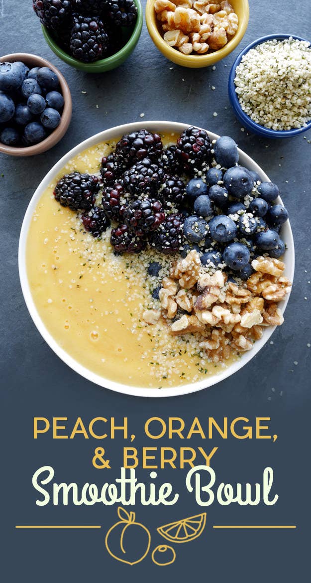 To make the smoothie, blend peaches, banana, and orange juice. The toppings are blackberries, blueberries, walnuts, hemp seeds, and a drizzle of honey.Hemp seeds sound really weird, but they're a great source of protein with a nutty flavor. Look for them near the sunflower seeds and almonds in your grocery store. Get the recipe at the bottom of the post.