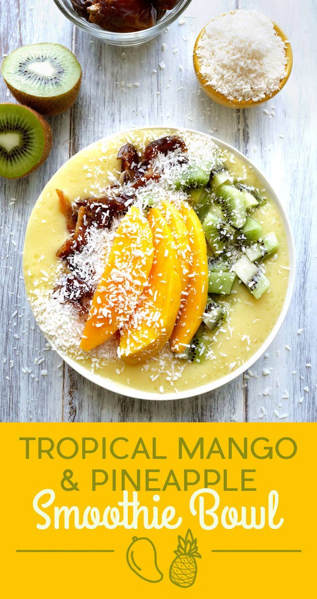 To make the smoothie, blend mango, pineapple, banana, and coconut water. The toppings are mango, kiwi, dates, and coconut. When you're at the grocery store, look for Medjool dates, which are plumper than the standard, drier dates. Get the recipe at the bottom of the post.