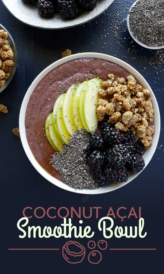 To make the smoothie, blend açai, banana, coconut water, chia seeds, and agave syrup. The toppings are dried mulberries, blackberries, apple, and a drizzle of agave.You can find single-serving packs of 100% açai in the freezer aisle. If you can't find it, just substitute about 1/2 cup frozen mixed berries. Get the recipe at the bottom of the post.
