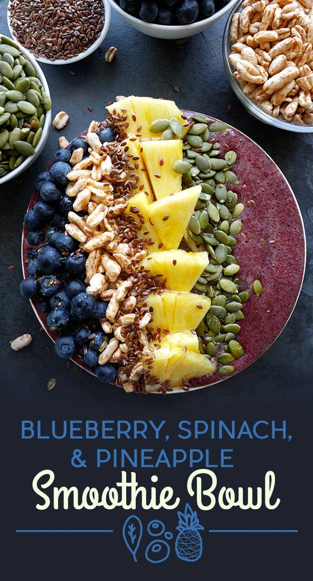 To make the smoothie, blend baby spinach, blueberries, apple juice, and ice. The toppings are blueberries, puffed kamut cereal, flax seeds, pineapple, pumpkin seeds, and a drizzle of honey.If you can't find puffed kamut in your cereal aisle, substitute something like Rice Krispies. Get the recipe at the bottom of the post.