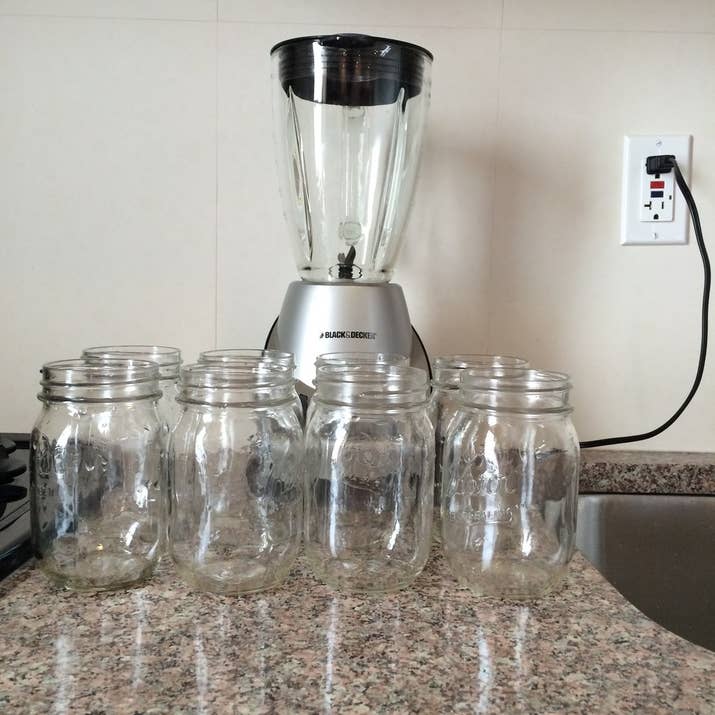 If you're going to make 8 smoothies, have 8 containers ready. I use (admittedly cliché) mason jars, for two reasons. First, they're cheap AF. Second, the screw-on lid means I can throw the smoothie in my work bag without having to worry about leaks. But they are glass, so if you go this route, just know that if you drop one, it'll probably shatter. There are a variety of other options out there that would work, though, like the Blender Bottle or the Stay Or Go Travel Cup. You'll just want to make sure you have five of whatever you're going to use (or, enough for however many smoothies you plan to make).