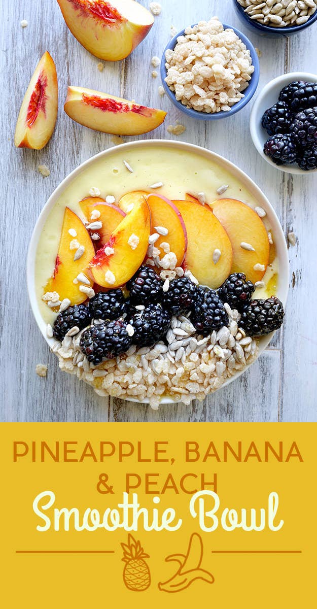 To make the smoothie, blend pineapple, banana, coconut water, and honey. The toppings are peach, blackberries, sunflower seeds, and puffed rice cereal. Get the recipe at the bottom of the post.