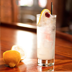 Another gin cocktail with lemon juice, sugar and carbonated water served on ice and garnished with a lemon wedge. The two pieces of fruit might be overdoing it, but this is certain to garner its fair share of "That's good! What's in it?" reactions.