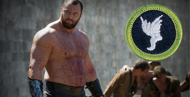 Requirements: Scouts must perform a series of athletic tasks within a time frame, including push ups, pull ups, high jumps and running.The Mountain has earned his badge by... well, just look at him.