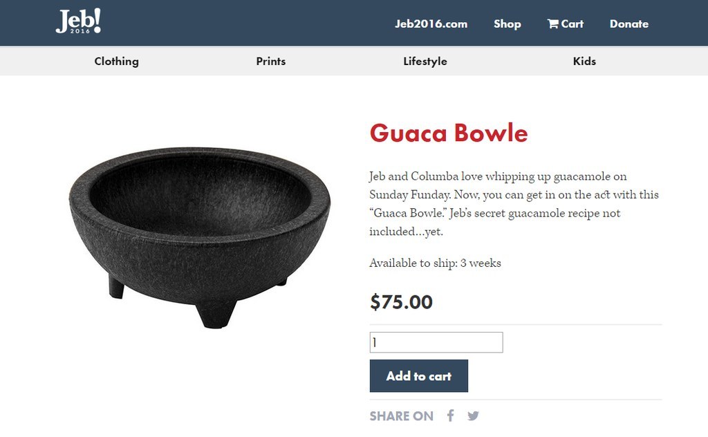 The Holy Grail of bizarre 2015 Primary merchandise. Besides ditching the word "molcajete" for the more Iowa-friendly "Guaca Bowle," the item description appears to also hold Gov. Bush's undoubtedly awesome guacamole recipe hostage unless he is elected President.