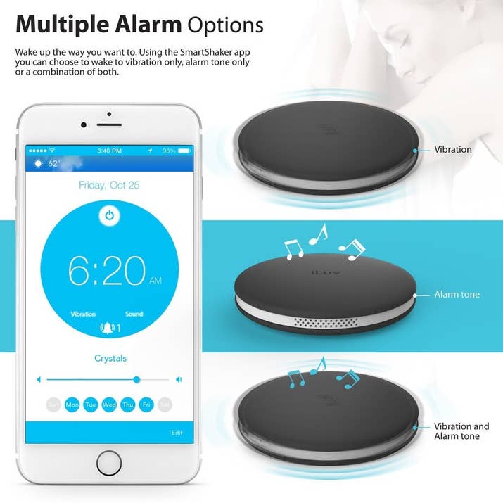 You can set it to wake you up with a vibration, a sound, or a combination of both. Get it here.