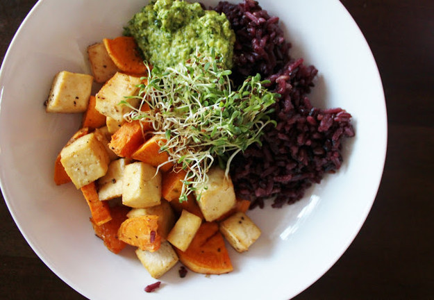 Why Now Is The Right Time For Colorful Autumn Vegan Recipes-Baked Yam and Tofu With Purple Rice, Kale Pesto &amp; Sprouts