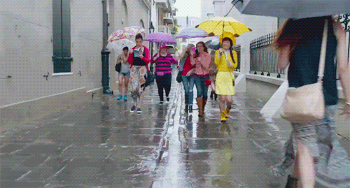 Grab some friends, possibly the other members of your collegiate acapella group, and take a walk. This is also a great chance to get out your new best friend/fashion accessory: the pocket umbrella! Don't forget to colour co-ordinate...