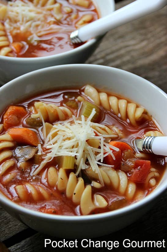 The veggies cook low and slow in a tomato-based broth for eight hours, then the pasta (and Parm!) drops in at the end. Get the recipe.