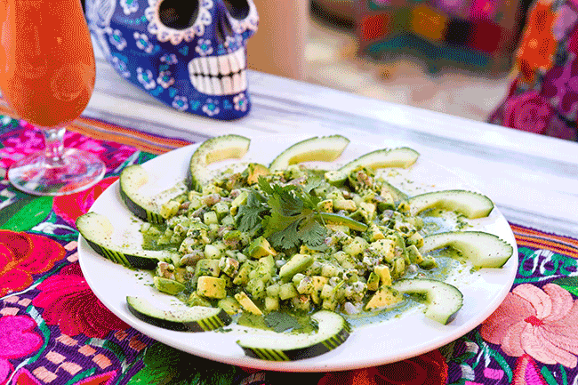 Did someone say ceviche? GET OUT OF THE WAY!! The signature ceviche of Karina's is a traditional ceviche with chopped shrimp, cucumber, avocado, and cilantro in their spicy chile serrano sauce. Someone pass the tortilla chips!!