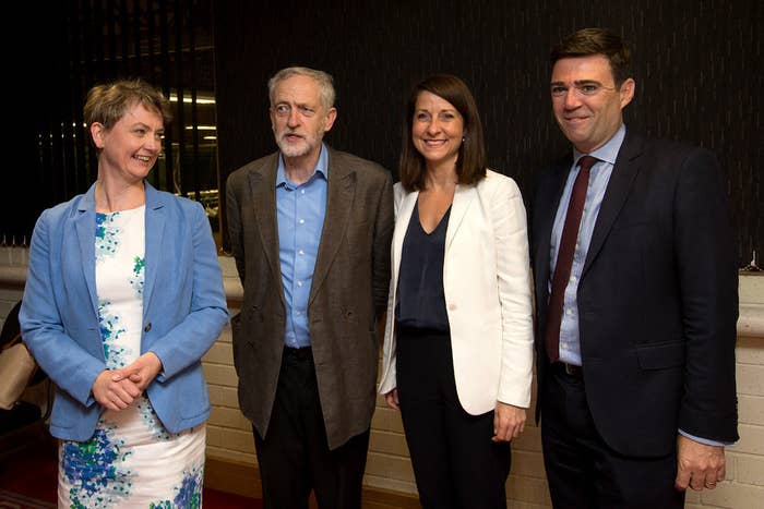 Corbyn with rivals (L-R) Yvette Cooper, Liz Kendall, and Andy Burnham.