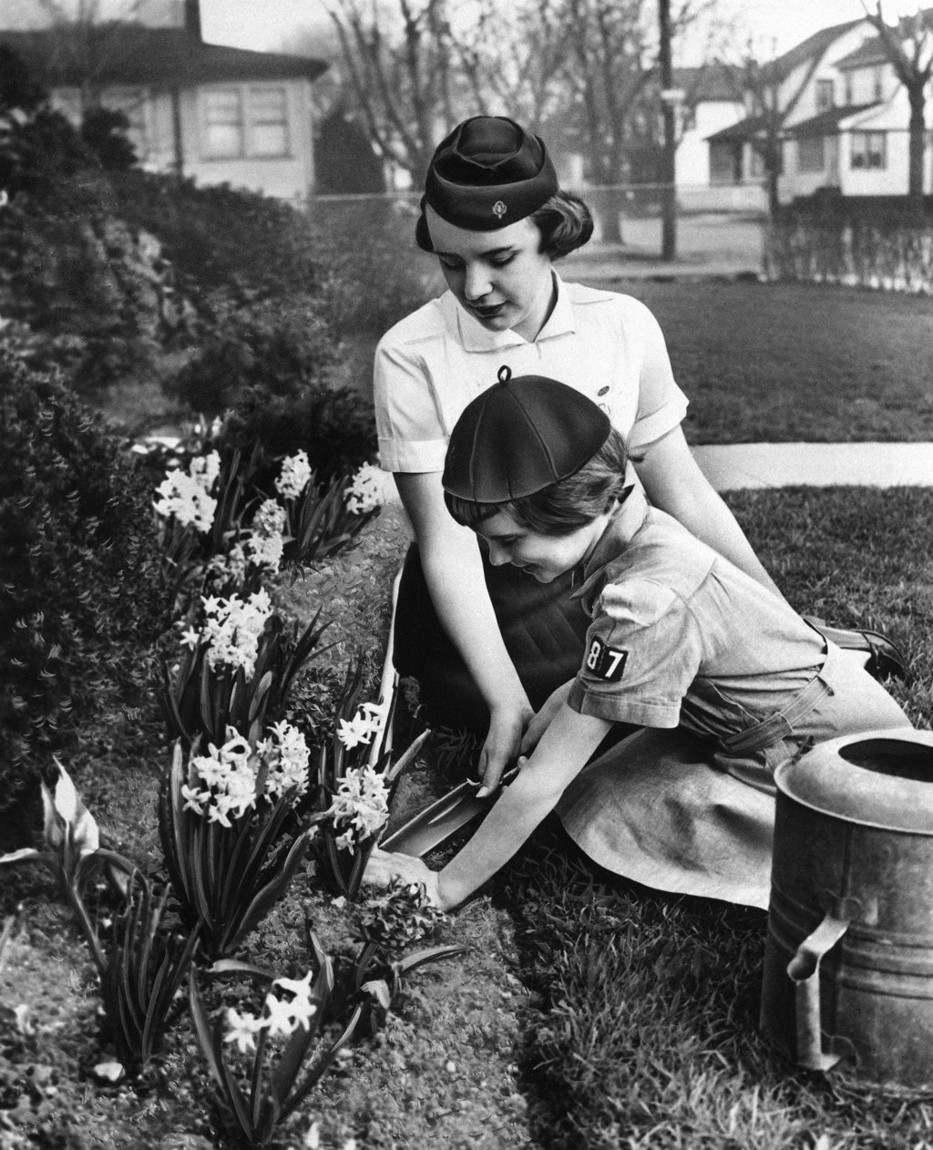 A senior scout teaches a Brownie reverence for nature by showing her how to set a plant in a garden.