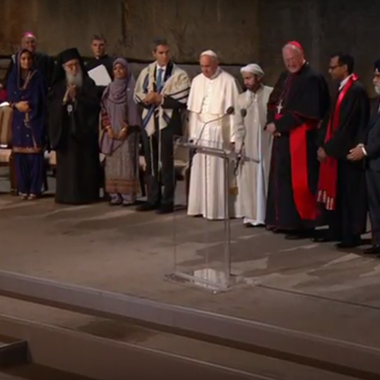 Pope Francis with local representatives of world religions at the 9/11 Memorial and Museum in New York.