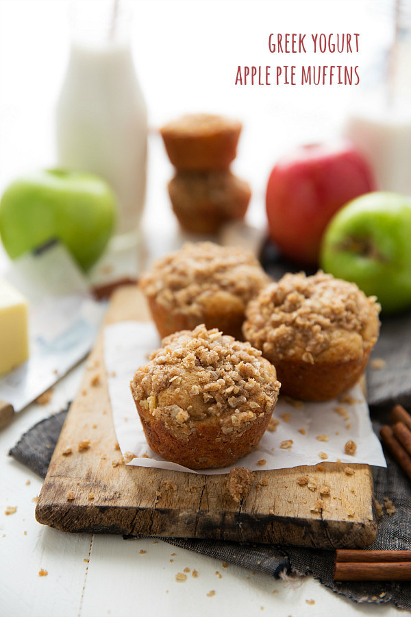 These apple pie muffins are made healthier with Greek yogurt, coconut oil, and whole wheat flour. NO butter!