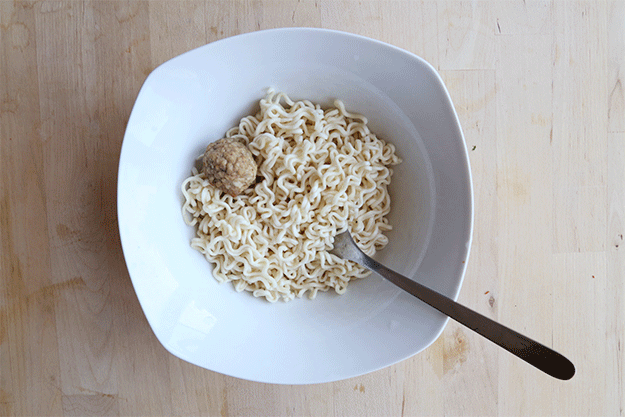 You will need:1 package ramen1 can tomato sauce1 package frozen meatballsSteps: Cook ramen according to instructions on package; drain. Stir in pasta sauce and frozen meatballs. Microwave on high until warm.