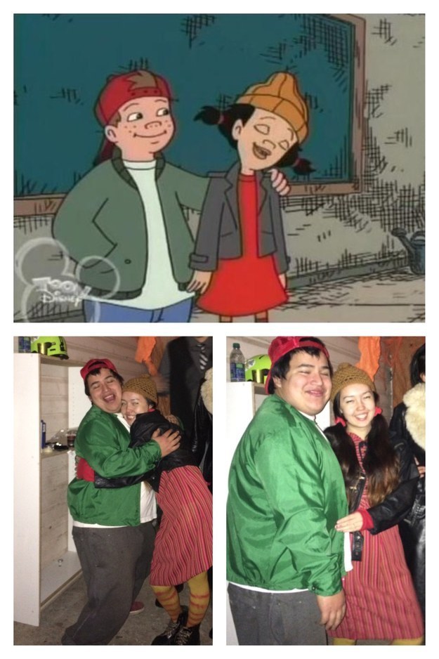 Man in green jacket and woman in red dress