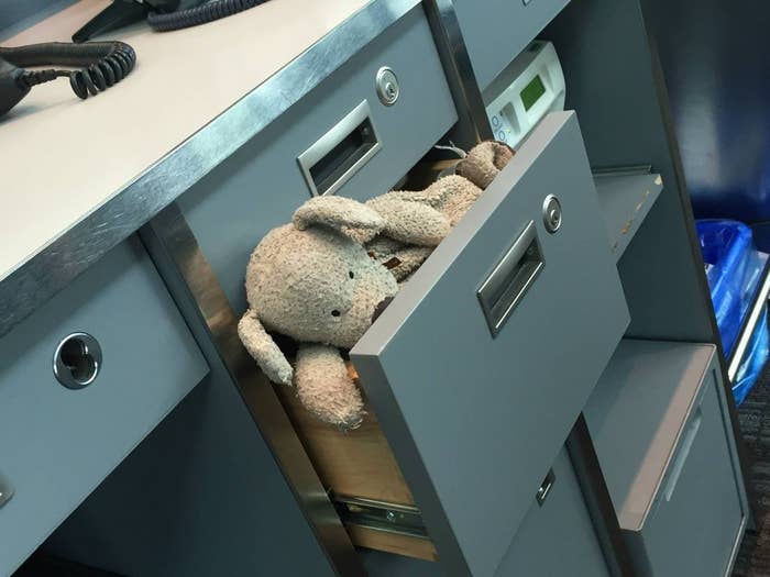 Some kindly employees at Pearson documented Ra Ra's trip home and shared the photos on Facebook. The day started when "RaRa woke up in a drawer at the airport, but he was supposed to be on a plane with his family."