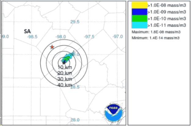 In March 2014, a pollution plume blew north over San Antonio, Texas (marked SA on map) and then swung south.