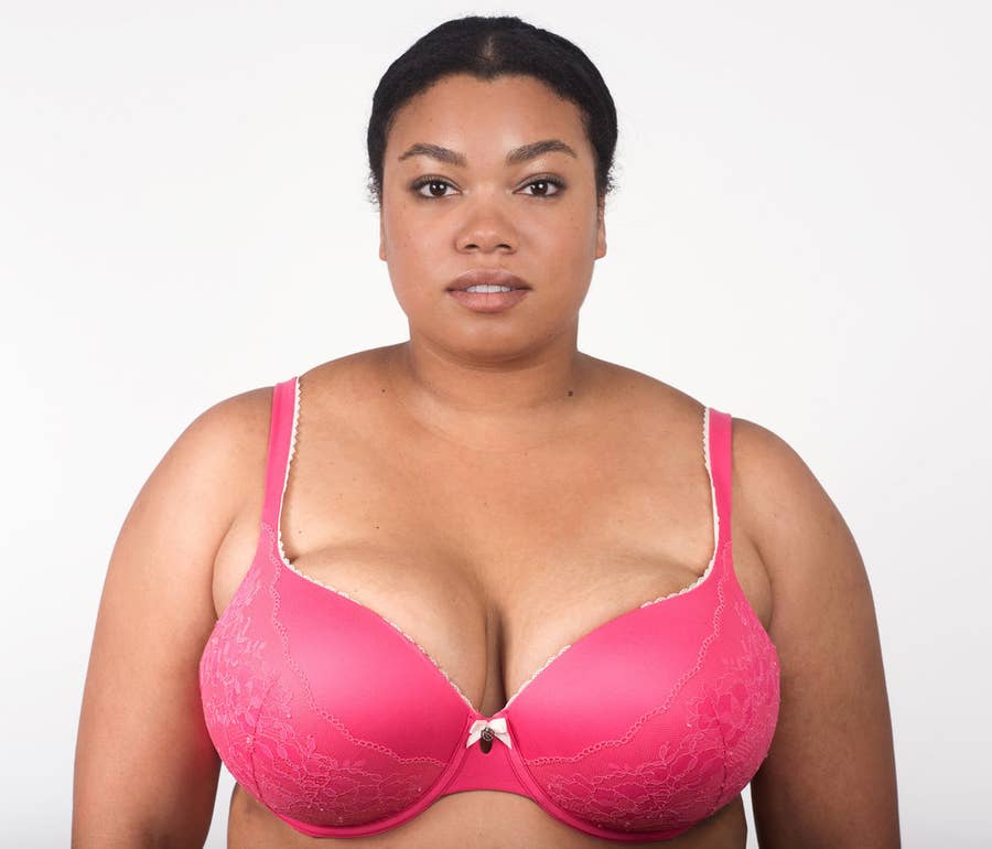 Plus Size Fat Mature Woman Wearing Bra Looking On Her Boobs, On