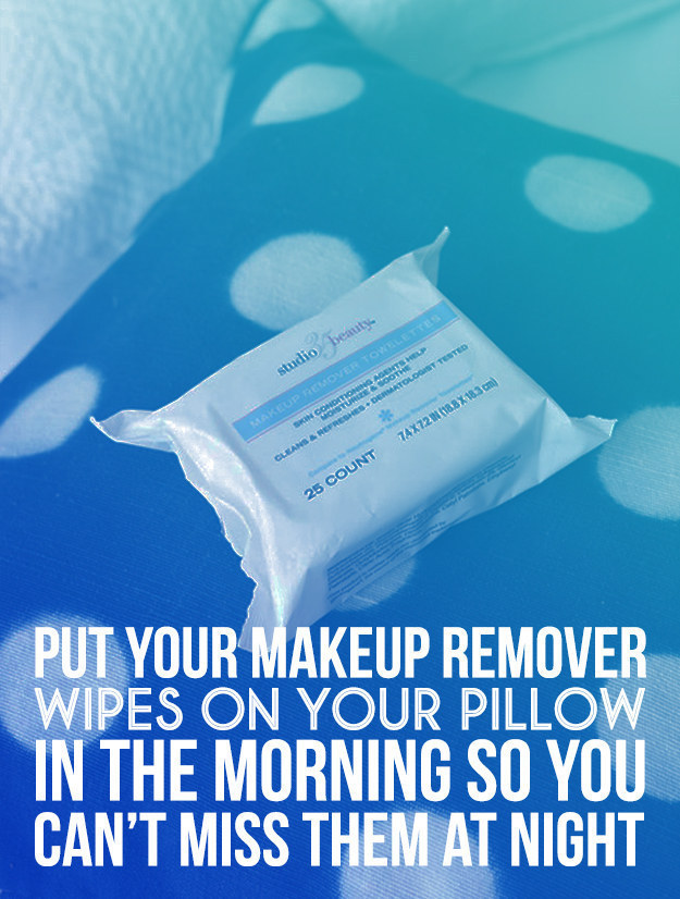 Too lazy to wash your face at night? Keep face wipes by your bed.