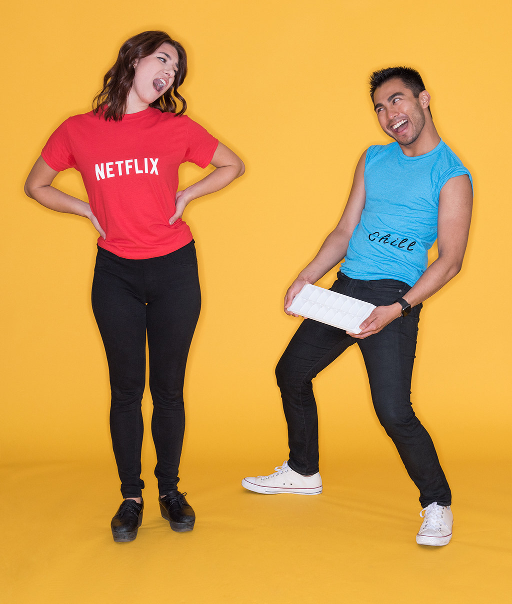 two people dressed as &quot;Netflix&quot; and &quot;Chill&quot;