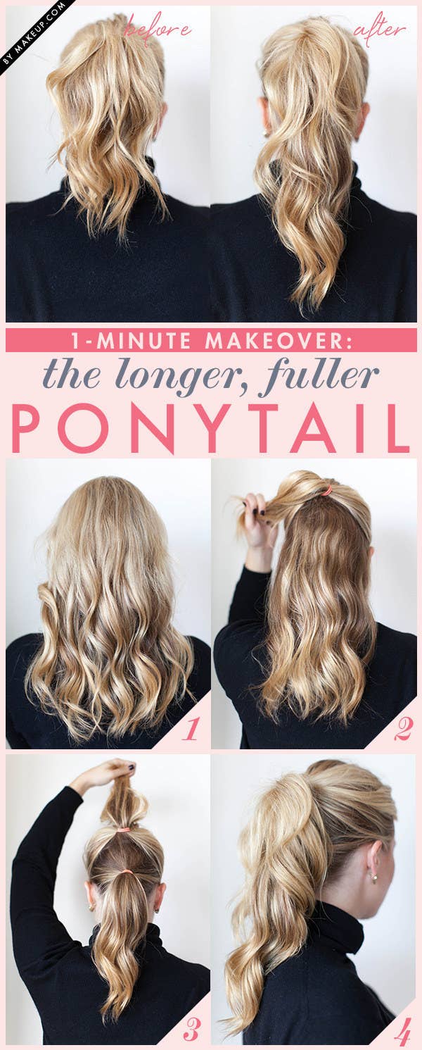 Hide the second ponytail underneath the first and your hair will instantly look longer and fuller.