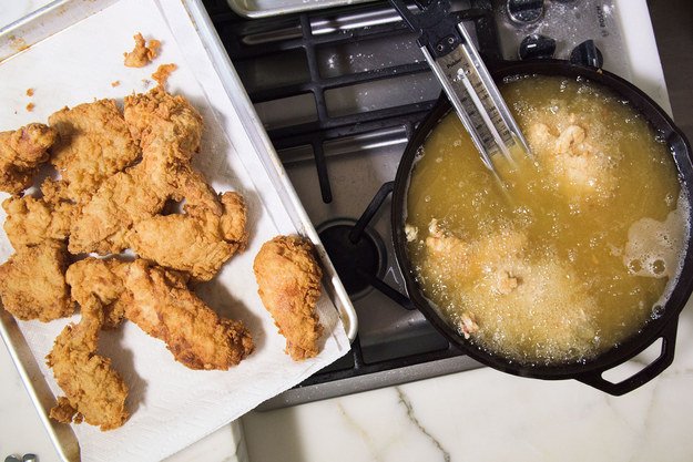 Repeat the process, cooking 3 or 4 pieces of chicken at a time, until all the chicken is cooked. Season the cooked chicken with a little more salt and pepper, as soon as it comes out of the oil.