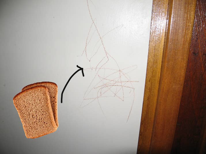 Did your child scribble all over a wall with a pencil? Herel probably remove the markings much better than a pink eraser would: rubbing them with a slice of rye bread.