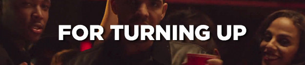 &quot;For turning up&quot; written on top of Drake holding a red cup in his hand