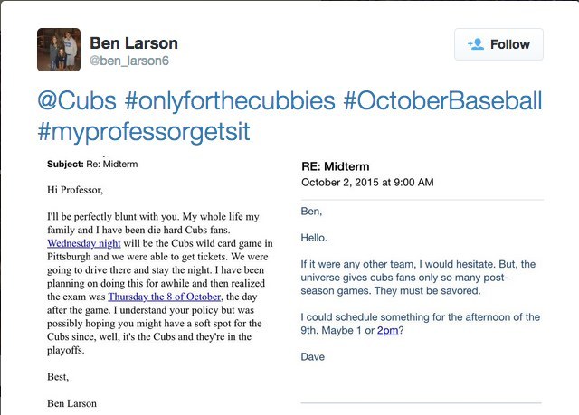 For all those who are not aware of the "Lovable Losers", the Chicago Cubs have not been a part of postseason games since 2008. If they were to win the 2015 World Series (cross your fingers), they would end their 107 year World Series drought... (AKA the longest drought in MLB history)