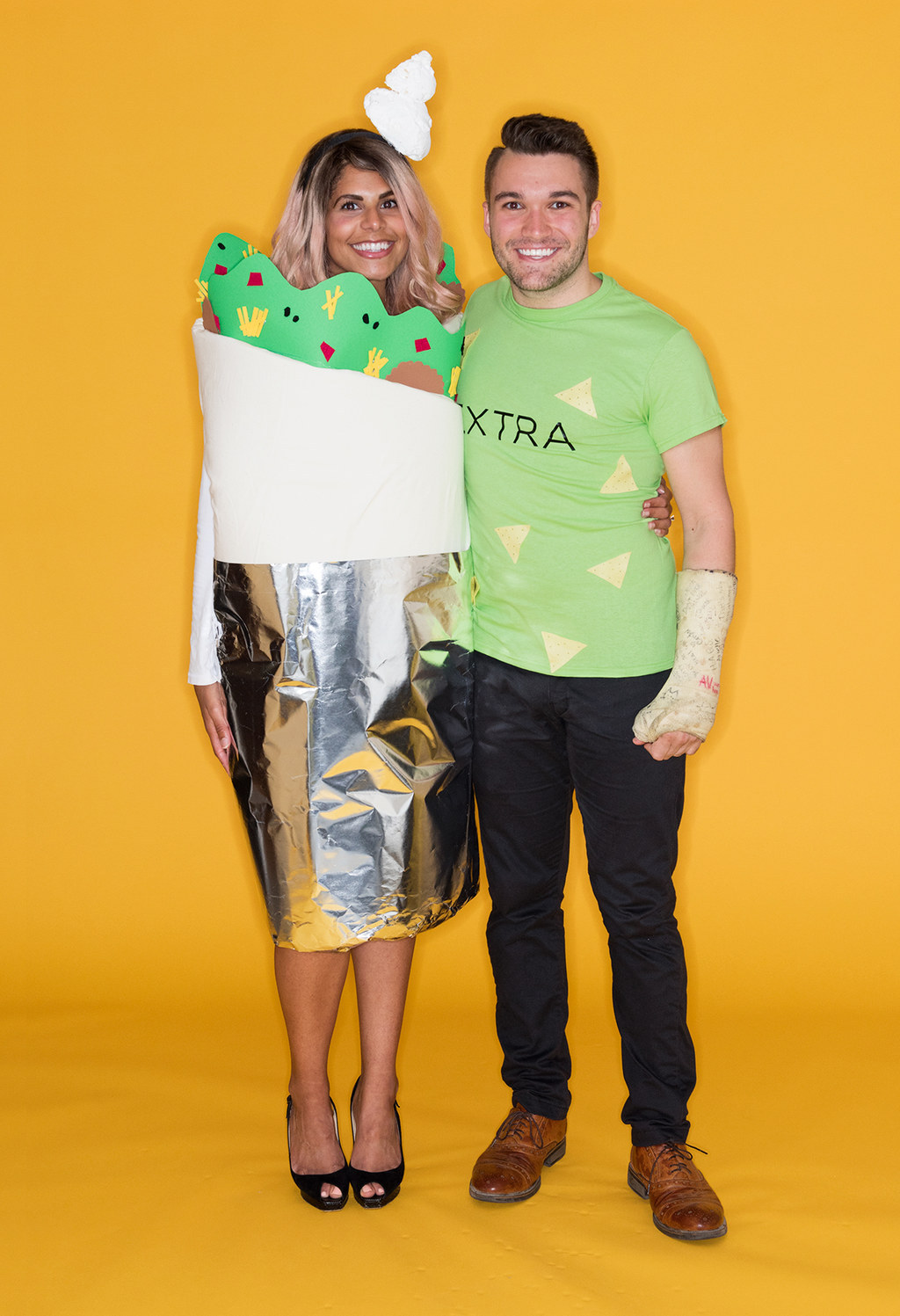 A couple dressed as a burrito and guacamole