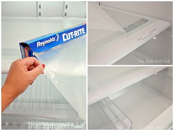 Line your refrigerator shelves with (off brand) wax paper, plastic wrap, or cling film.