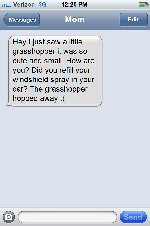 What it usually means: Communicating using messages sent via cellphone.What it means to your mom: Something your mom sends you every time a thought enters her brain.