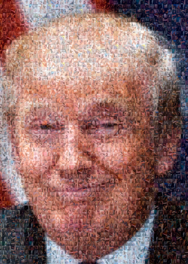 Al respecto de la foto, el artista de Tumblr, Homo Power, escribió:"Alguien hizo alguna vez un foto-mosaico de Rick Santorum, candidato republicano, usando imágenes pornográficas. Como lo dejaron conducir Saturday Night Live, pensé en superarlo. Les dejo una foto de Donald Trump que muestra realmente de qué está hecho. Esta es una foto de alta resolución fabricada con 500 fotos de pitos."