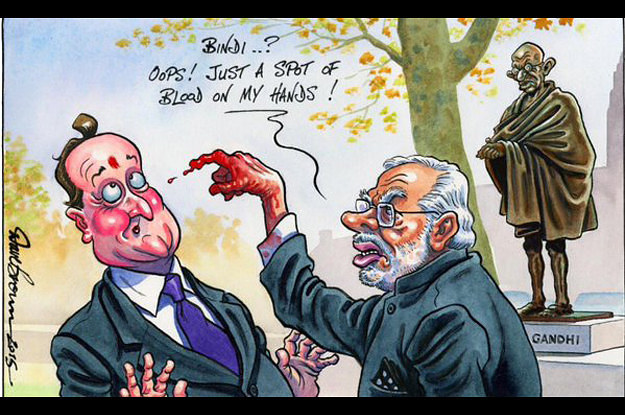 A British Cartoon Shows Modi Put A Bindi On The British PM With