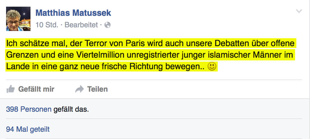 "Ich schätze mal, der Terror von Paris wird auch unsere Debatte über offene Grenzen und Viertelmillion unregistrierter junger islamischer Männer im Lande in eine ganz neue frische Richtung bewegen - Smiley Face"