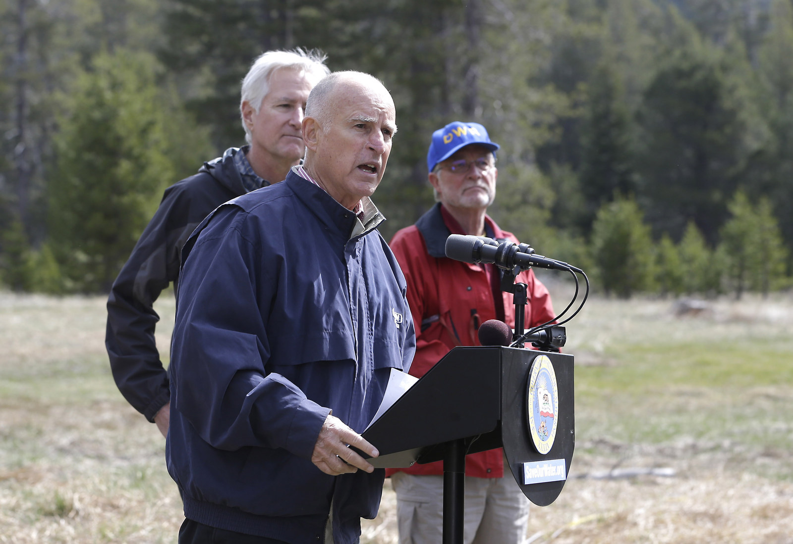 Gov. Jerry Brown speaks on an executive order to restrict water use in the state at a press conference held at Echo Summit on April 1, 2015.