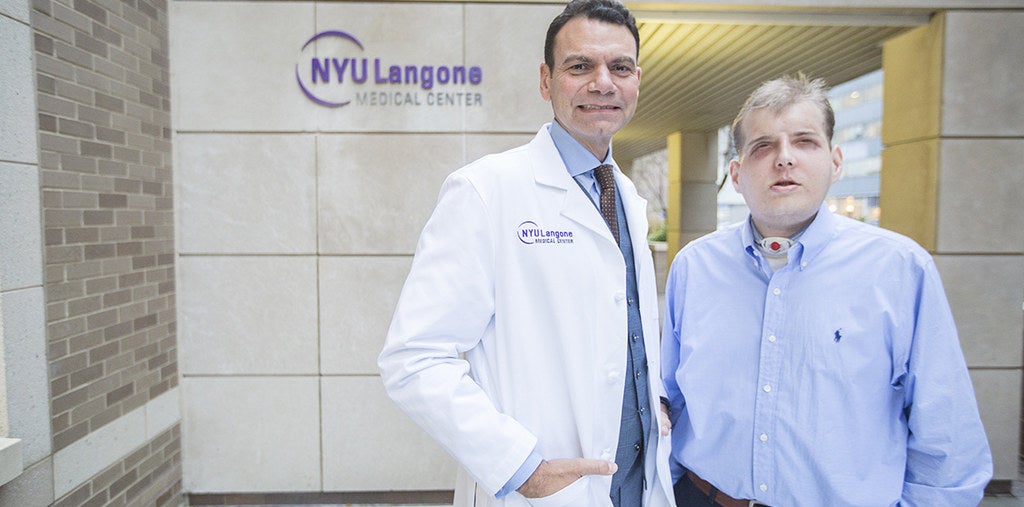 Dr. Eduardo D. Rodriguez and face transplant patient Patrick Hardison at NYU on Thursday.