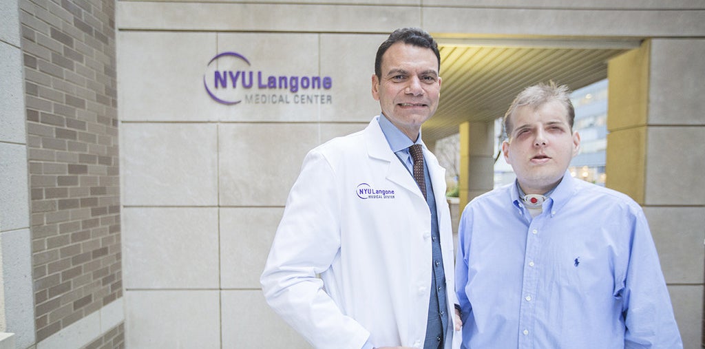 Dr. Eduardo D. Rodriguez and face transplant patient Patrick Hardison at NYU on Thursday.