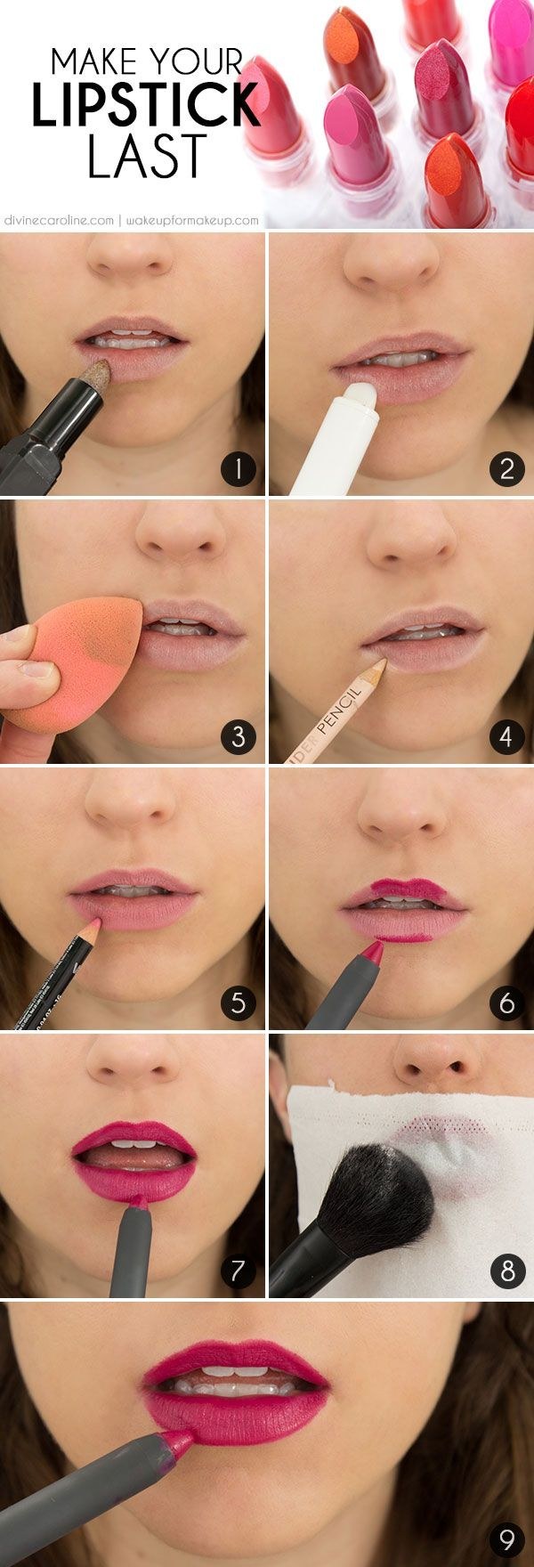 Antes de comenzar a delinear con tu lápiz de color, marca tu boca por fuera con un lápiz nude. Una vez que termines con tu lipstick, coloca un kleenex en tu boca y aplica polvo traslúcido.