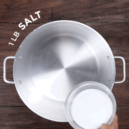 Add one pound of salt, one pound of brown sugar, six quarts of boiling water, and three pounds of ice into a big-ass deep pot big enough for your turkey.
