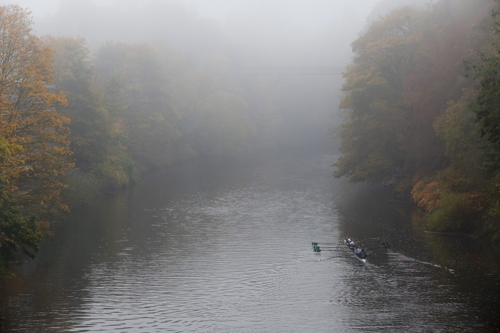Rowers from Durham University train in foggy conditions on the River Wear this morning, as Britain is enveloped in a heavy fog, causing major problems such as flight delays across the country, 2 November.