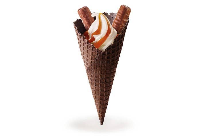 A CHOCOLATE WAFFLE CONE topped with not one, but TWO creamy chocolate bars. Just shush and give me one, already.