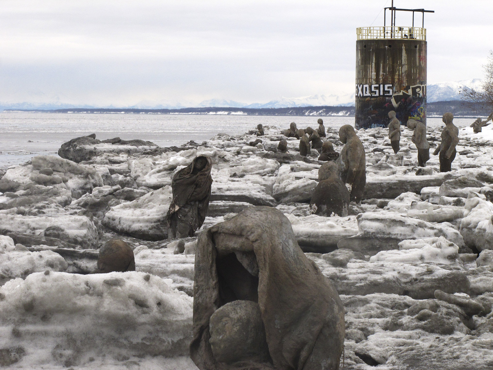 Sculptures made of straw, cement, plaster and burlap, are part of a public art installation at Point Woronzof in Anchorage, Alaska.