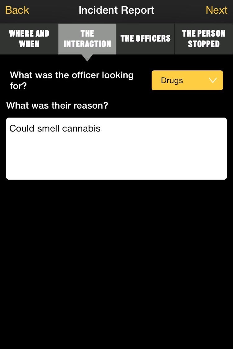 Screen shot from the Y-Stop app