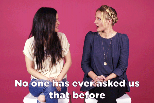 Kristen Bell: How did we meet?Rachel Bilson: We’ve known each other a very long time.KB: But how did we meet?RB: Like, a long time ago, like, 15 years ago.KB: I was on Veronica Mars, you were…RB: ...on The O.C.. But how did we meet?KB: I dunno, fate?RB: Maybe we should check the internet.Did you notice that? They're finishing each other's sentences. Never play charades with these two.